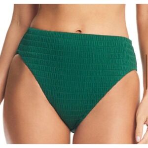 Bar III Womens Pucker Up Textured High Rise Bikini Bottom Fiji Foliage Green L